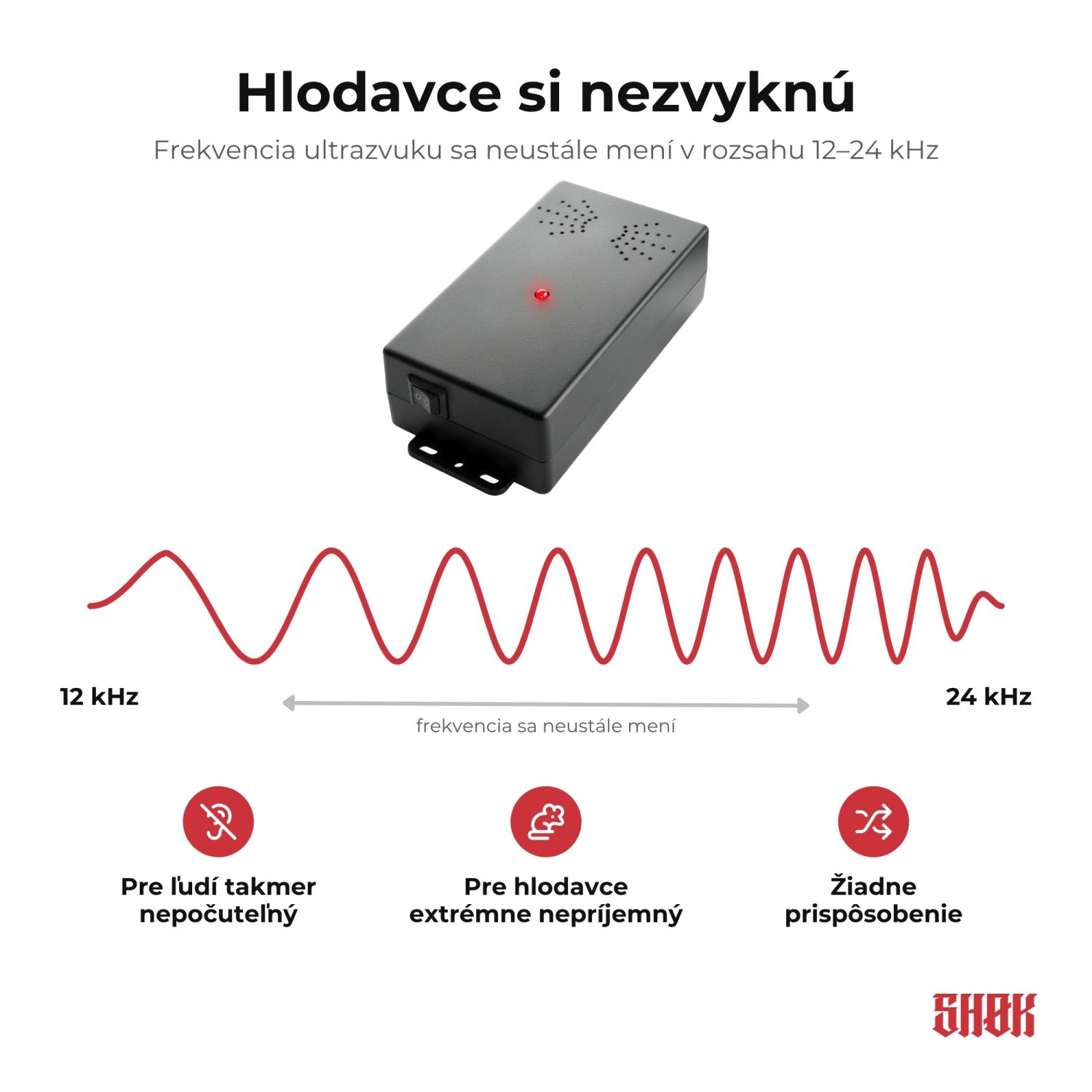 SHØK GO – Hlodavce si nezvyknú Hlodavce si nezvyknú – SHØK GO neustále mení frekvenciu ultrazvuku v rozsahu 12–24 kHz