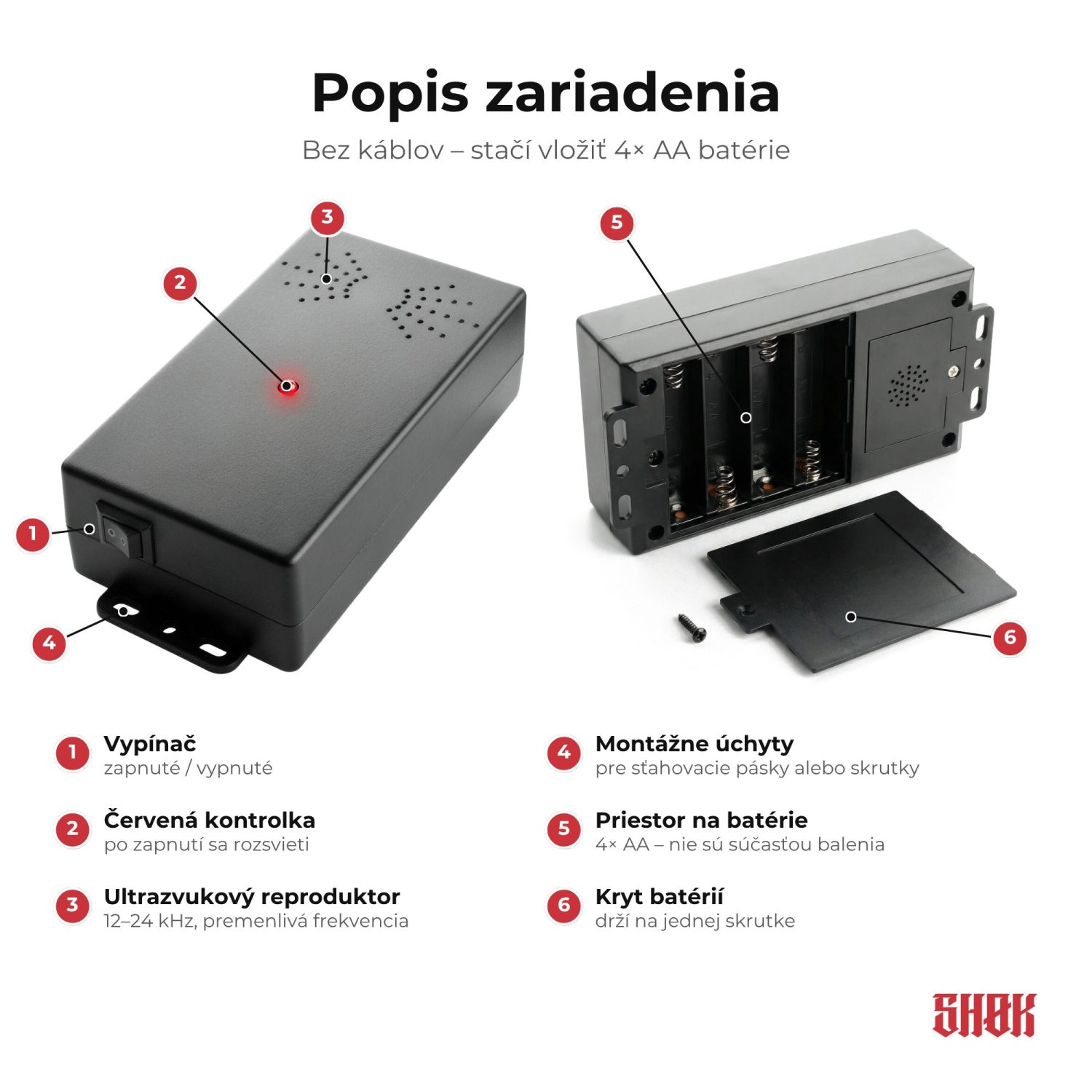 SHØK GO – Popis zariadenia SHØK GO Popis zariadenia SHØK GO – vypínač, červená kontrolka, ultrazvukový reproduktor, montážne úchyty, priestor a kryt pre 4× AA batérie