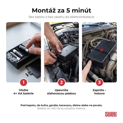 SHØK GO – Montáž SHØK GO za 5 minút Montáž SHØK GO za 5 minút – vložte 4× AA batérie, upevnite sťahovacou páskou a zapnite