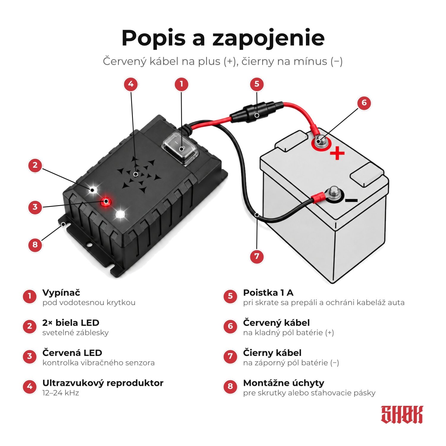 Popis a zapojenie SHØK PRO 12V Popis a zapojenie SHØK PRO 12V – vypínač, 2× biela LED, červená LED, ultrazvukový reproduktor, poistka 1 A, červený kábel na plus a čierny na mínus