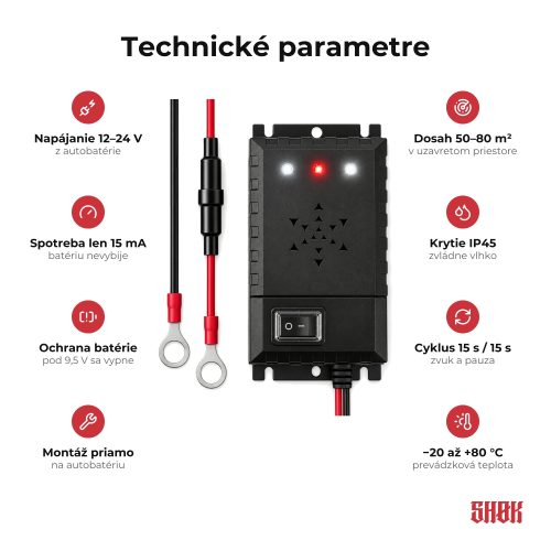 Technické parametre SHØK PRO 12V Technické parametre SHØK PRO 12V – napájanie 12–24 V, spotreba 15 mA, dosah 50–80 m², krytie IP45, cyklus 15 s / 15 s, −20 až +80 °C